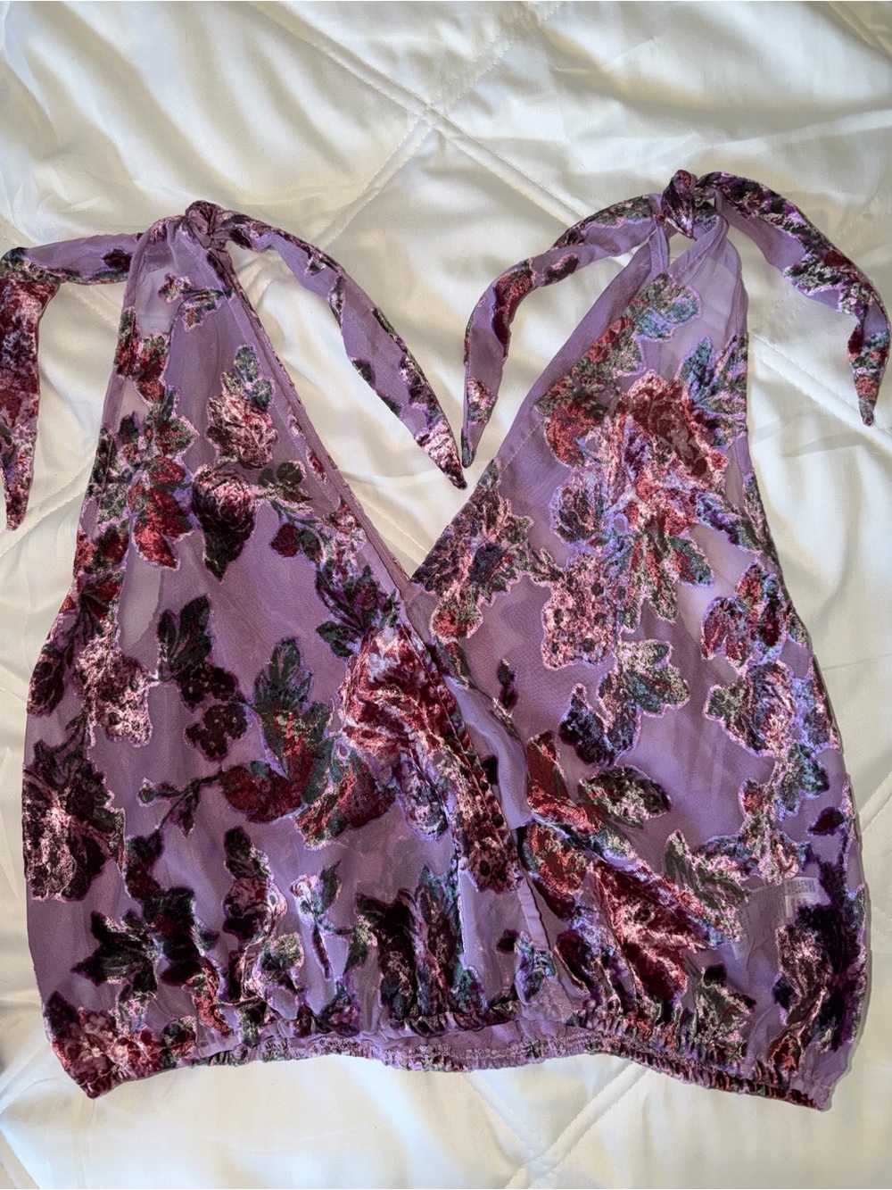 Free People Burnout Velvet Floral Tie Shoulder Bubble Hem Top Medium - Picture 3 of 6